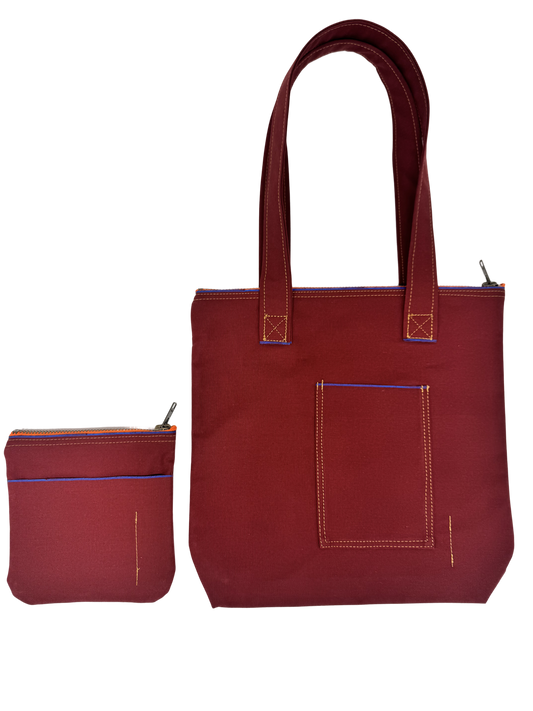 Maroon Japanese Mill 9oz Denim Tote and Lil Buddy
